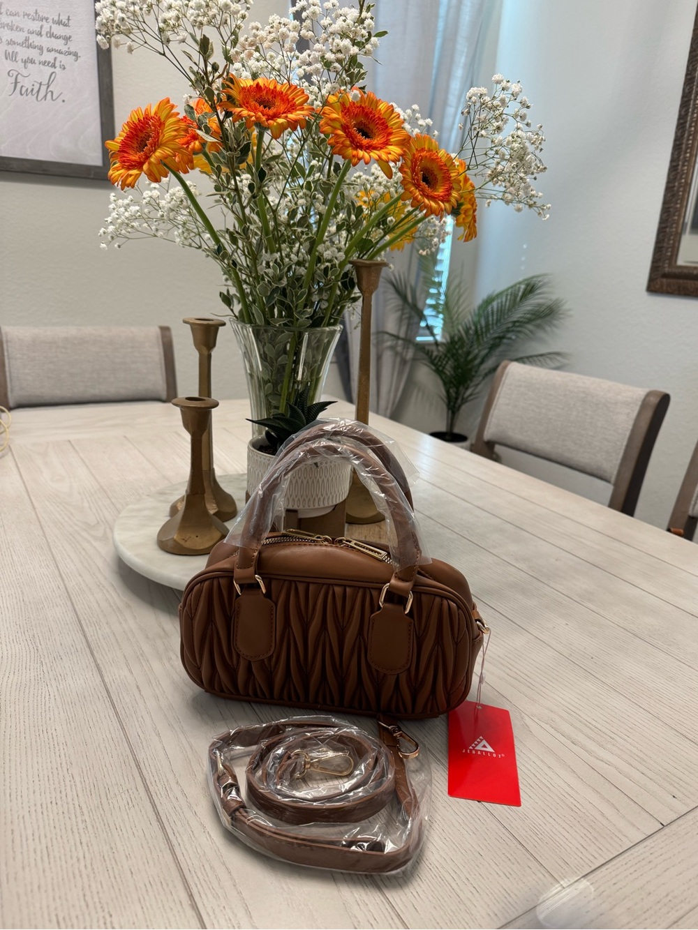 Tan Quilted Top-Handle with Strap Bag